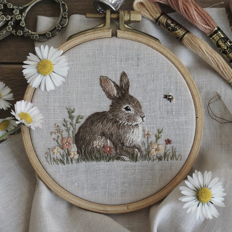 Handgestickter Hase im Stickrahmen, umgeben von Gänseblümchen